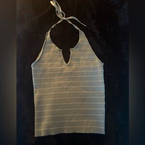 Light blue and white striped halter tie top